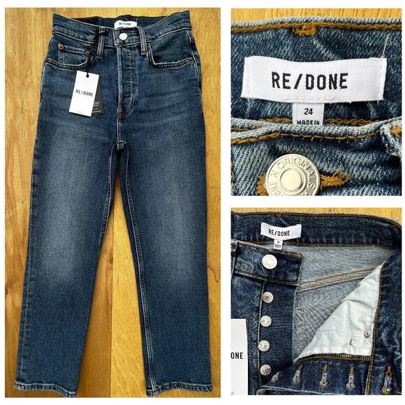 RE/DONE 90s HIGH RISE EXTRA CROP BUTTON FLY JEANS WOMEN’S sz 24 Dark Wash NWT - Picture 1 of 15